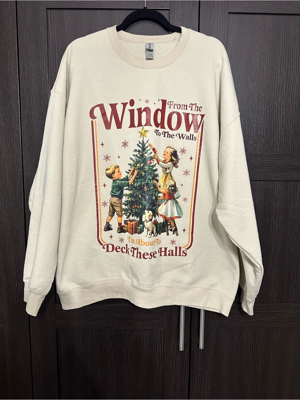 Gildan Cream Holiday Graphic Sweatshirt with Red Lettering